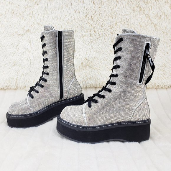 Super Sparkle Iridescent Rhinestone Platform Combat Mid Calf Boots 362 Emily - Picture 16 of 17